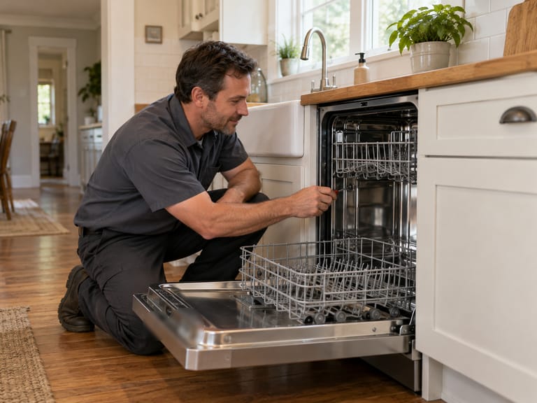 Technician working on a dishwasher